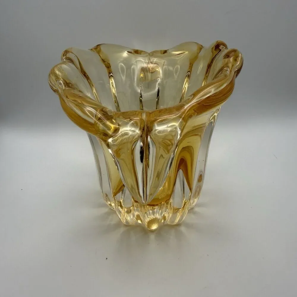 Vintage Teleflora Champagne Gold Art Glass Vase Waterfall Tulip Hand Blown